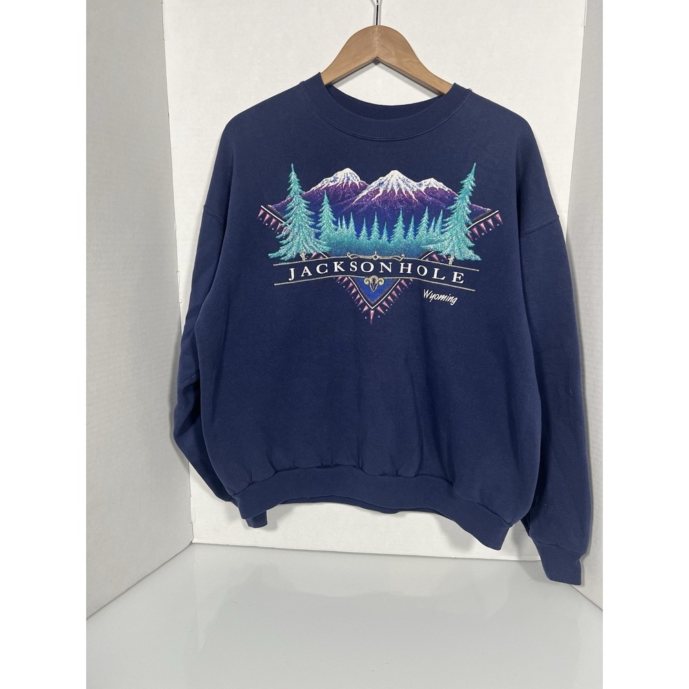 Vintage 90s Jackson Hole Wyoming Crewneck Nature Mountain XL Blue FADED 115
